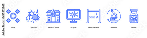 Virus, Risk and Toxicology web banner icon vector illustration featuring Virus, Explosive, Medical Center, Enzyme, Newton Cradle, Scientific, and Poison.