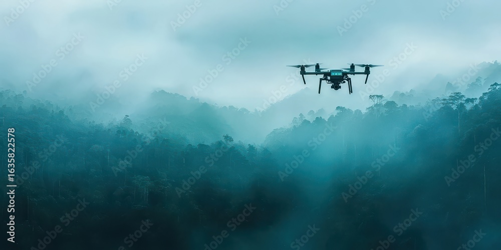 Fototapeta premium A drone hovers over a misty forest, capturing aerial views amidst the lush greenery and tranquil atmosphere of nature.