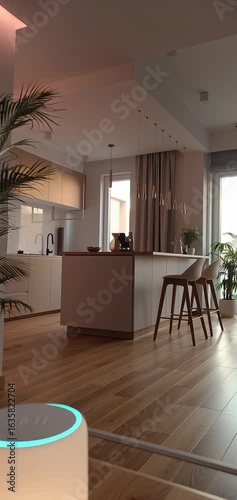 Warm modern kitchen with wooden flooring
