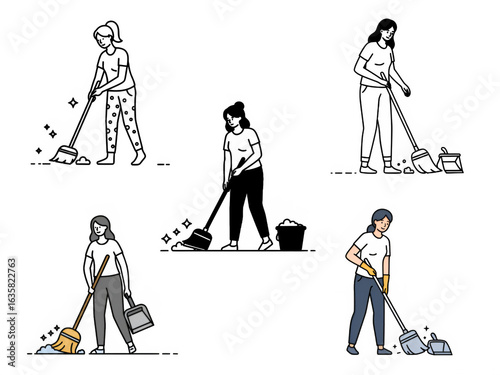 Cartoon Figures Performing Cleaning Tasks with Broom and Dustpan