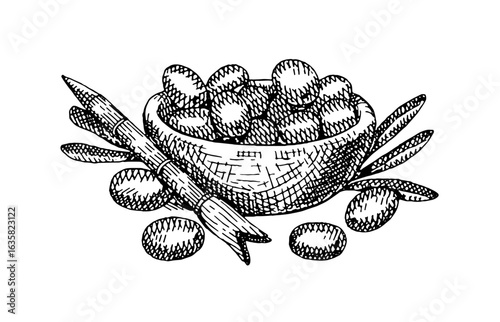 Engraved bowl is full of olives with leaves and stick for pitting. Vintage sketch of ceramic dish of fruit. Drawing pot of Greek food. Hand drawn isolated vector illustration on white background