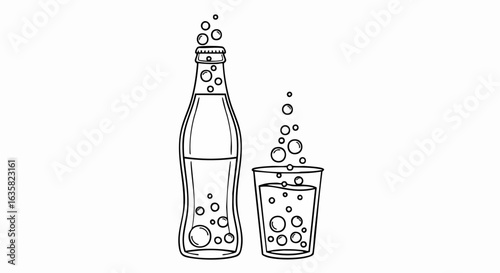 Fizzy beverage bottle and glass illustration
