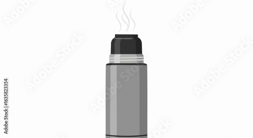 Monochrome illustration of a thermos with steam against a white background