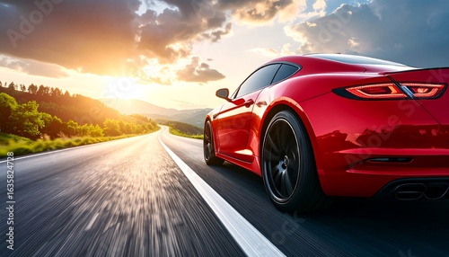 Red sports car on a highway at sunset (1)