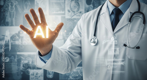 Wallpaper Mural Image of AI medical technology analyzing and diagnosing a patient, featuring a male doctor in a white coat with the word "AI" glowing on his palm and a monitor displaying multiple data such as X-rays. Torontodigital.ca