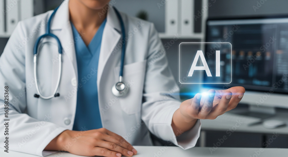 A doctor with a PC and a desk with the A doctor with a PC and a desk with the