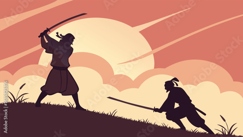 Silhouette of two samurai warriors fighting with katana swords on a hill during sunset with clouds on white background