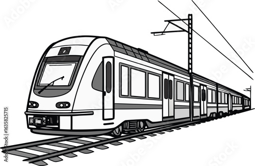 Realistic Modern Train Locomotive Illustration on White Background. Detailed Passenger Train Side View with Accurate Proportions. High Quality Train Locomotive Artwork for Transportation Themes
