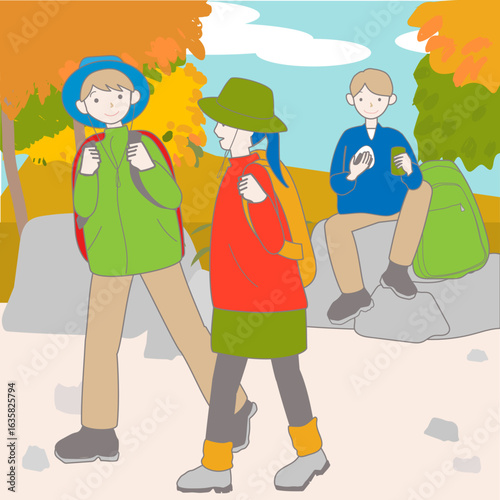 秋の野山をハイキングやトレッキングで楽しむ人々のイラスト