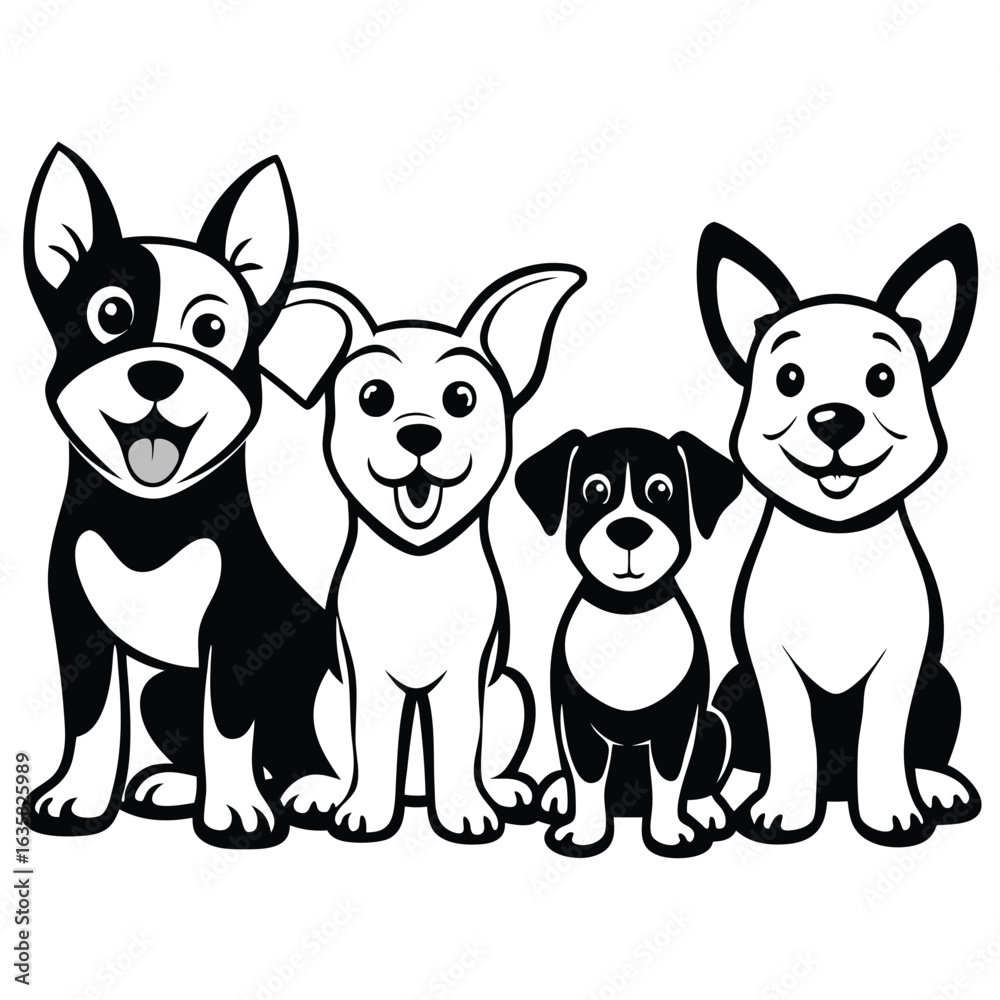 Obraz premium Vector art of group of four cute cartoon puppies of different breeds sitting together, isolated on white background