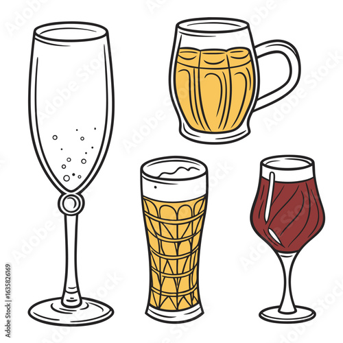 Vector art of collection of diverse beer glasses and mugs filled with various types of beer, isolated on white background