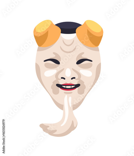 Okina, kabuki mask with beard. Face of happy old man in traditional theater in Japan. Ancient masque with character of East Asian culture. Flat isolated vector illustration on white background