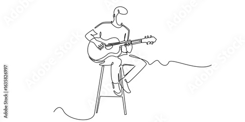 Continuous line drawing of a man playing acoustic guitar while sitting on a stool. Minimalist one-line vector style, perfect for music, performance, concert, or artistic expression themes.