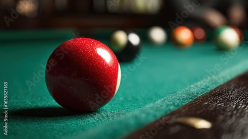 Elegant billiards shot with red ball rolling towards the pocket on a green table