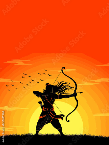 Silhouette of Lord Rama with bow and arrow aiming at target, Dussehra festival celebration, Hindu mythology art, sunset background