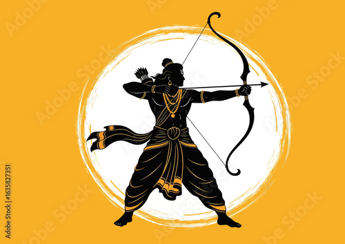 Silhouette of Lord Rama with bow and arrow aiming at target, Dussehra festival celebration, Hindu mythology art,  circular brush background