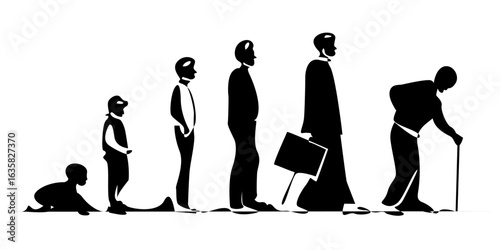 Silhouette illustration showing human life stages from baby crawling to elderly with cane. Represents growth, aging, and the passage of time in a simple black and white design.