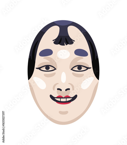 Kabuki mask with face of happy young boy with bang. Traditional Japanese masque for theater, Kasshiki. Ancient East Asian disguise for masquerade. Flat isolated vector illustration on white background