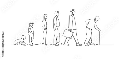 Continuous one line drawing showing human life evolution from crawling baby to elderly with cane. Minimalist linear art symbolizing growth, aging, and stages of life