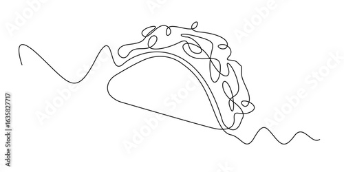 One line drawing of a taco filled with toppings, representing Mexican street food. Minimalist continuous line art for culinary themes, fast food design, or Latin American cuisine concepts