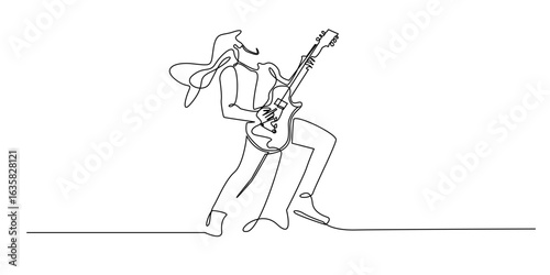 Continuous line drawing of a male rock guitarist playing electric guitar with energetic pose. Minimalist one-line vector art, perfect for rock music, concerts, performance, or musical expression theme