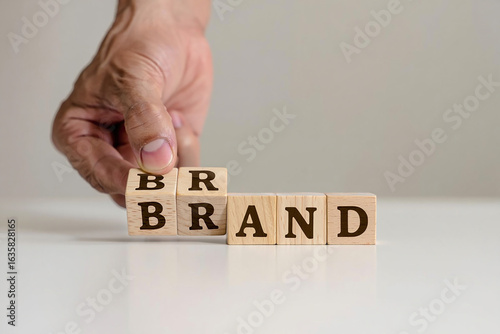 Hand building the word brand with wooden letter cubes