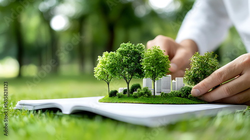 Creating sustainable cities urban development green architecture model making outdoor setting close-up eco-friendly concepts