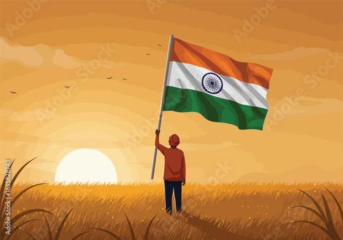 Rear view of a man in an orange turban holding a large waving Indian flag aloft.