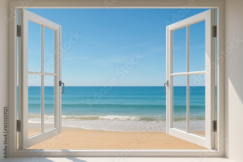 Ocean view from an open window overlooking a sunny beach and clear blue sky