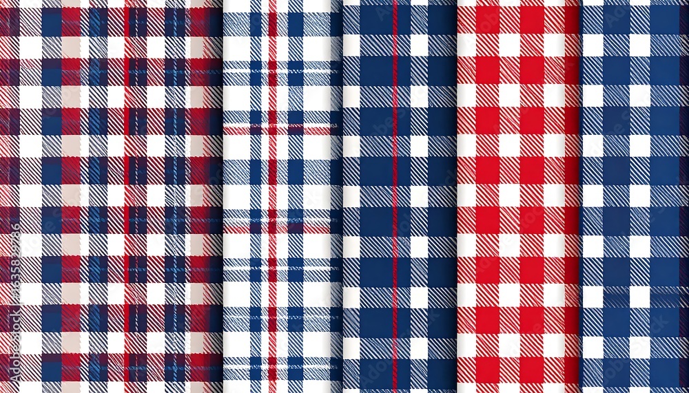 Plaid fabric patterns in red, white, and blue Plaid fabric patterns in red, white, and blue