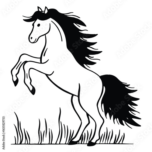 Vector art of a black and white illustration of a horse rearing up in a field of grass