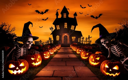 A spooky haunted house scene with skeletons, pumpkins, and bats against an orange sky, perfect for halloween