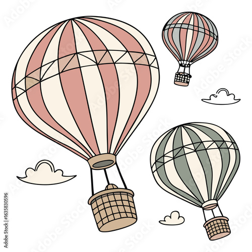 Vector art of three colorful hot air balloons floating in the sky with clouds, illustration