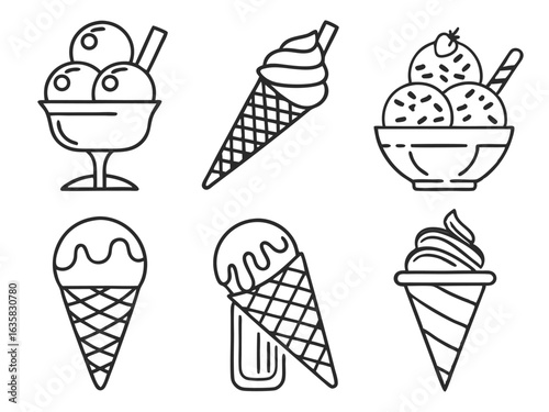 Vector art of collection of ice cream illustrations in cones and cups, isolated on white background