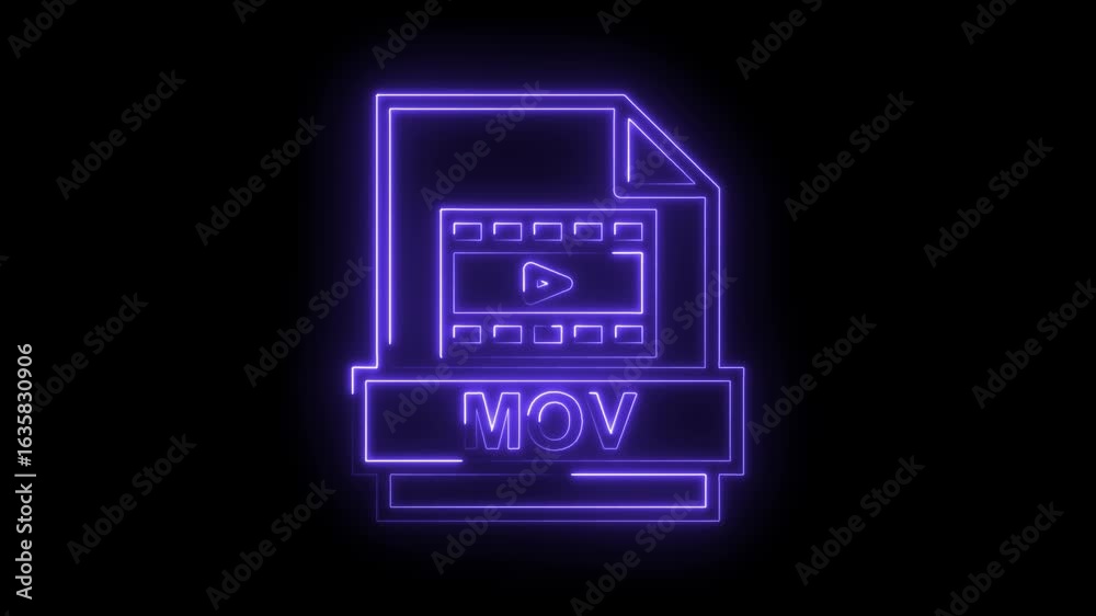 Glowing purple neon M O V file icon with play button and film strip on transparent black background Glowing purple neon M O V file icon with play button and film strip on transparent black background