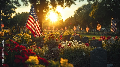 Memorial Day remembrance ceremony with American flags on soldiers’ graves in peaceful national cemetery.