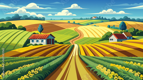 farm field lines of arable land and rapeflowerfield landscape