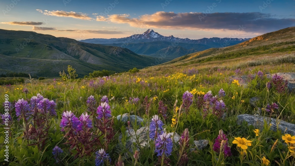 Fototapeta premium A vibrant meadow with wildflowers and majestic mountains.