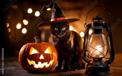 A black cat wearing a witch hat next to a carved pumpkin and a vintage lantern on halloween night, spooky and cute