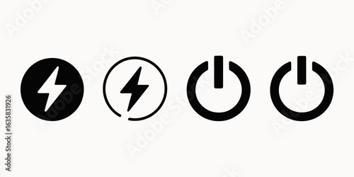 Power and Energy Icons Set – Lightning Bolt, Charging, On/Off Symbols

