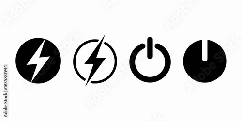 Power and Energy Icons Set – Lightning Bolt, Charging, On/Off Symbols

