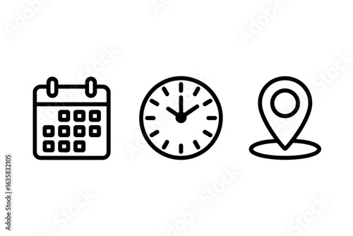 Calendar, Clock, and Location Icons – Date, Time, Place Symbols


