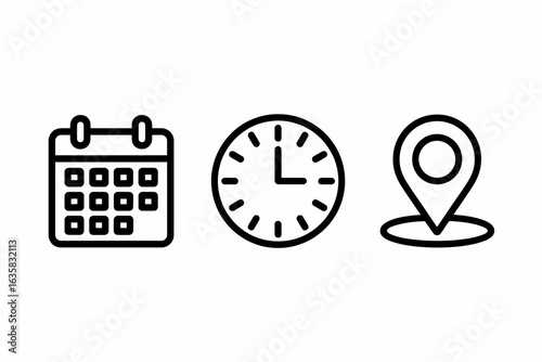 Calendar, Clock, and Location Icons – Date, Time, Place Symbols


