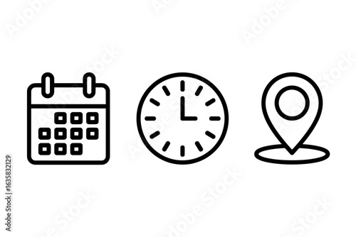 Calendar, Clock, and Location Icons – Date, Time, Place Symbols

