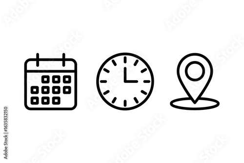Calendar, Clock, and Location Icons – Date, Time, Place Symbols

