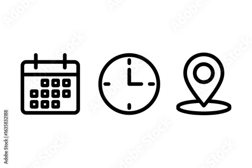 Calendar, Clock, and Location Icons – Date, Time, Place Symbols

