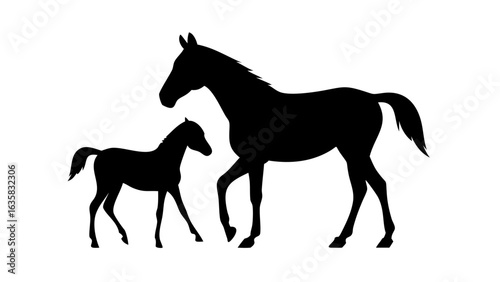Silhouette of a mare and foal walking together in a simple black and white illustration style image