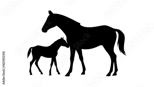 Silhouette of a mare and foal standing together in a white background showing their elegant outlines well