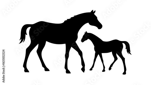 Silhouette of a mare and foal walking side by side in a simple black and white composition image