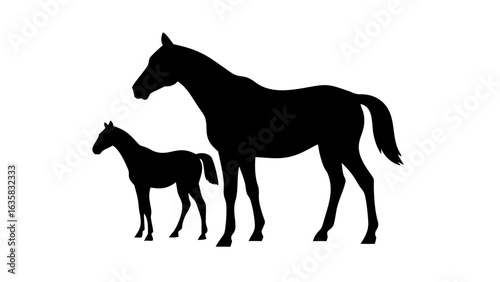 Silhouette of a mare and foal standing side by side in a simple black and white illustration style